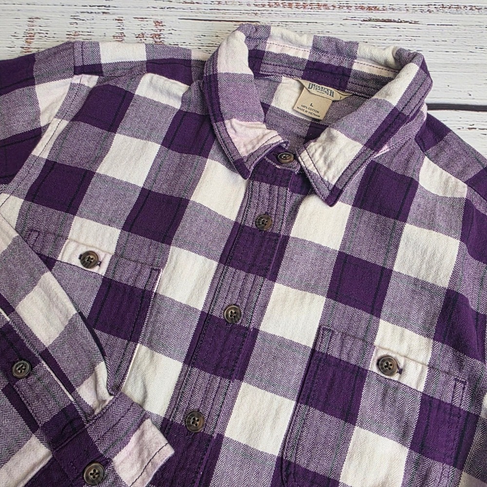 Duluth Trading Co Womens Large Free Swingin Flannel Shirt Purple Buffalo Plaid